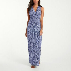 Tommy Bahama Brush Strokes Twist Front Maxi Dress Size XXS Blue Stretch Beachy